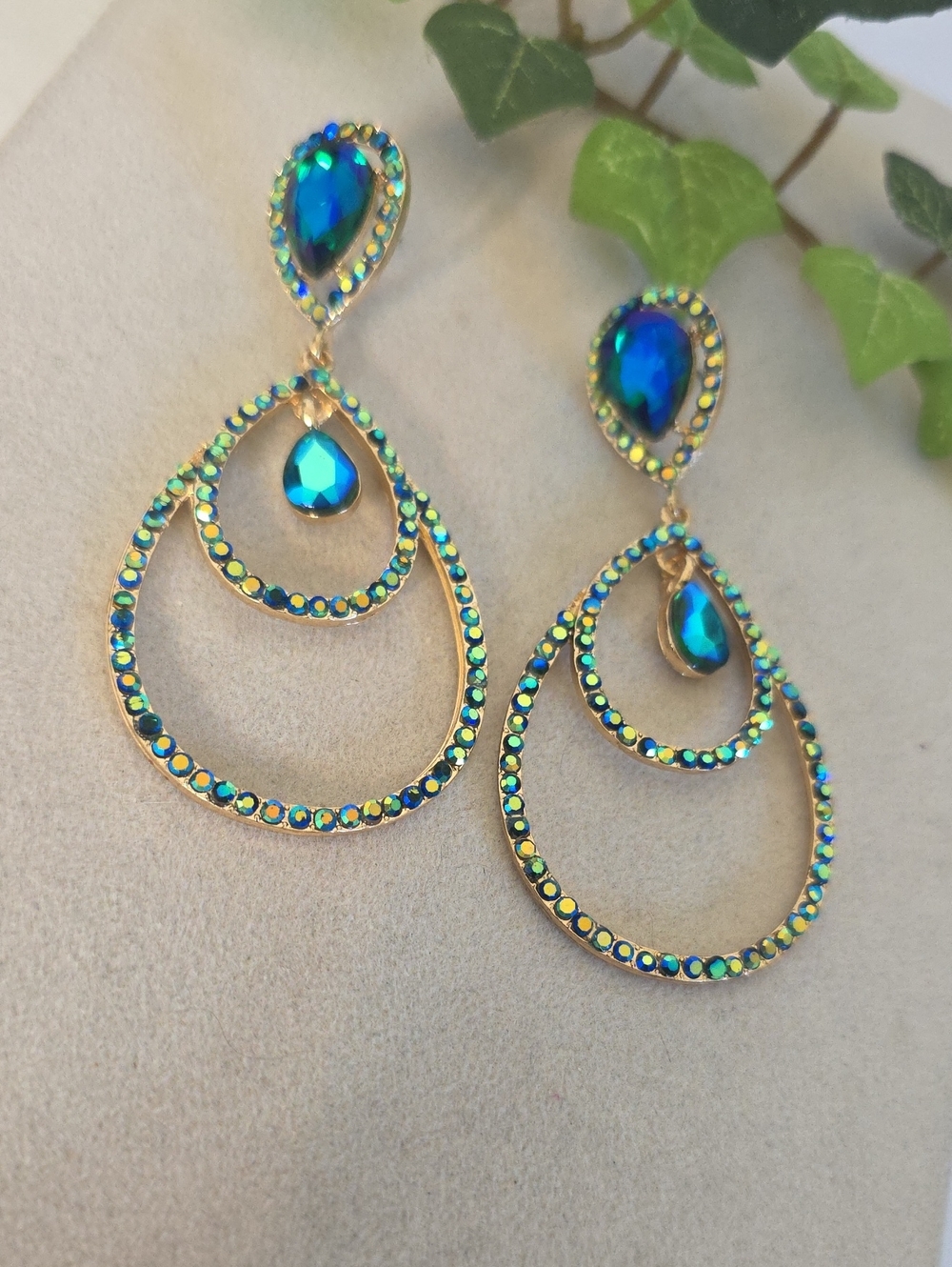 Peacock Blue Teal Teardrop Rhinestone Statement Earrings Gold Tone Dangle Drop